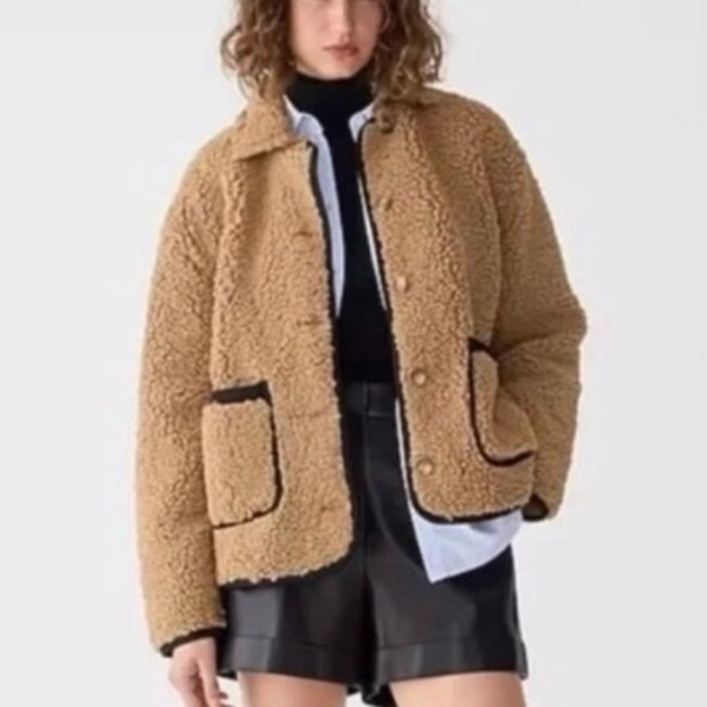 J. Crew Tan Teddy Jacket with Black Accents